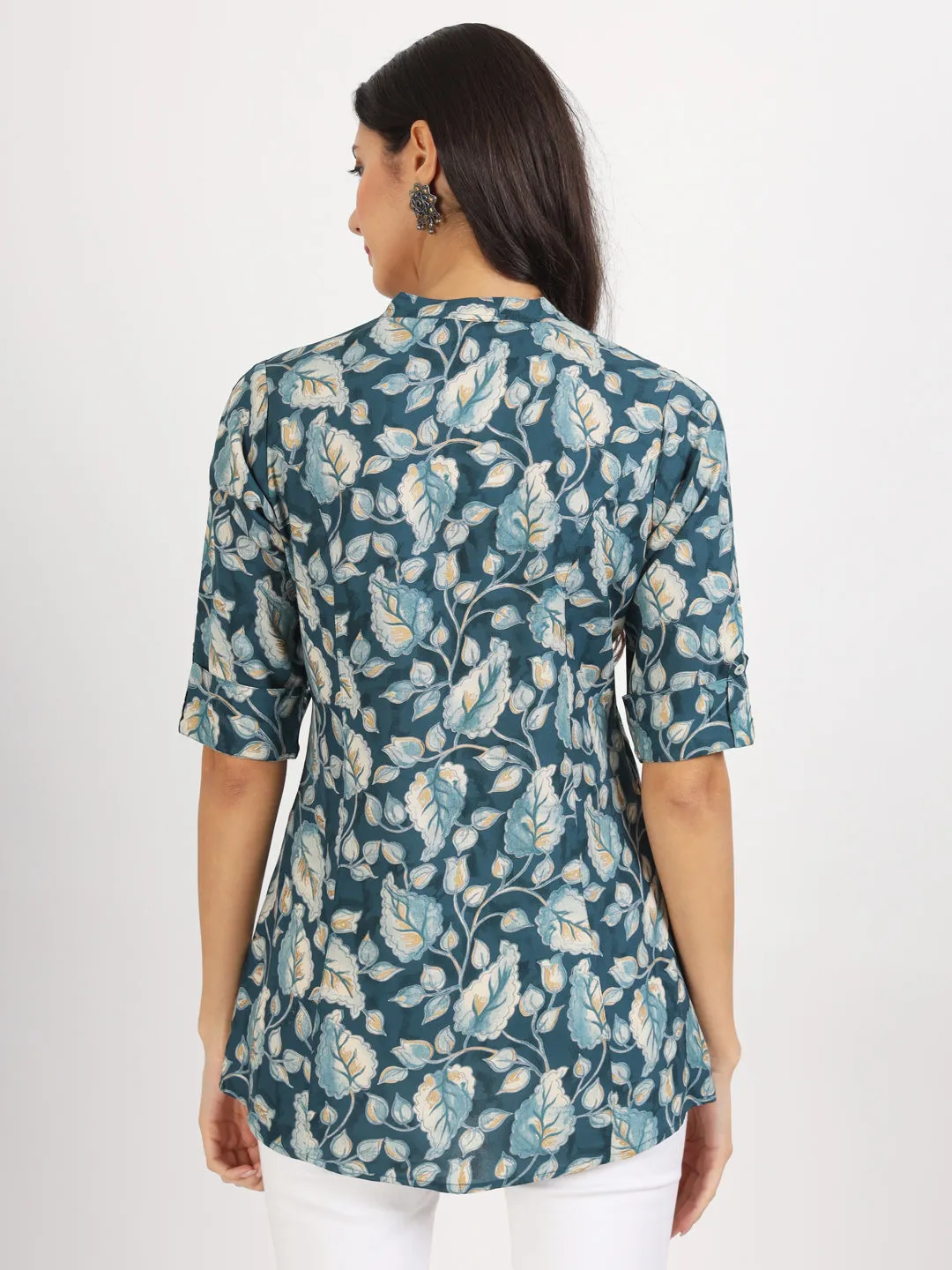 Jashvi Bottle Green Floral Printed Rayon Top