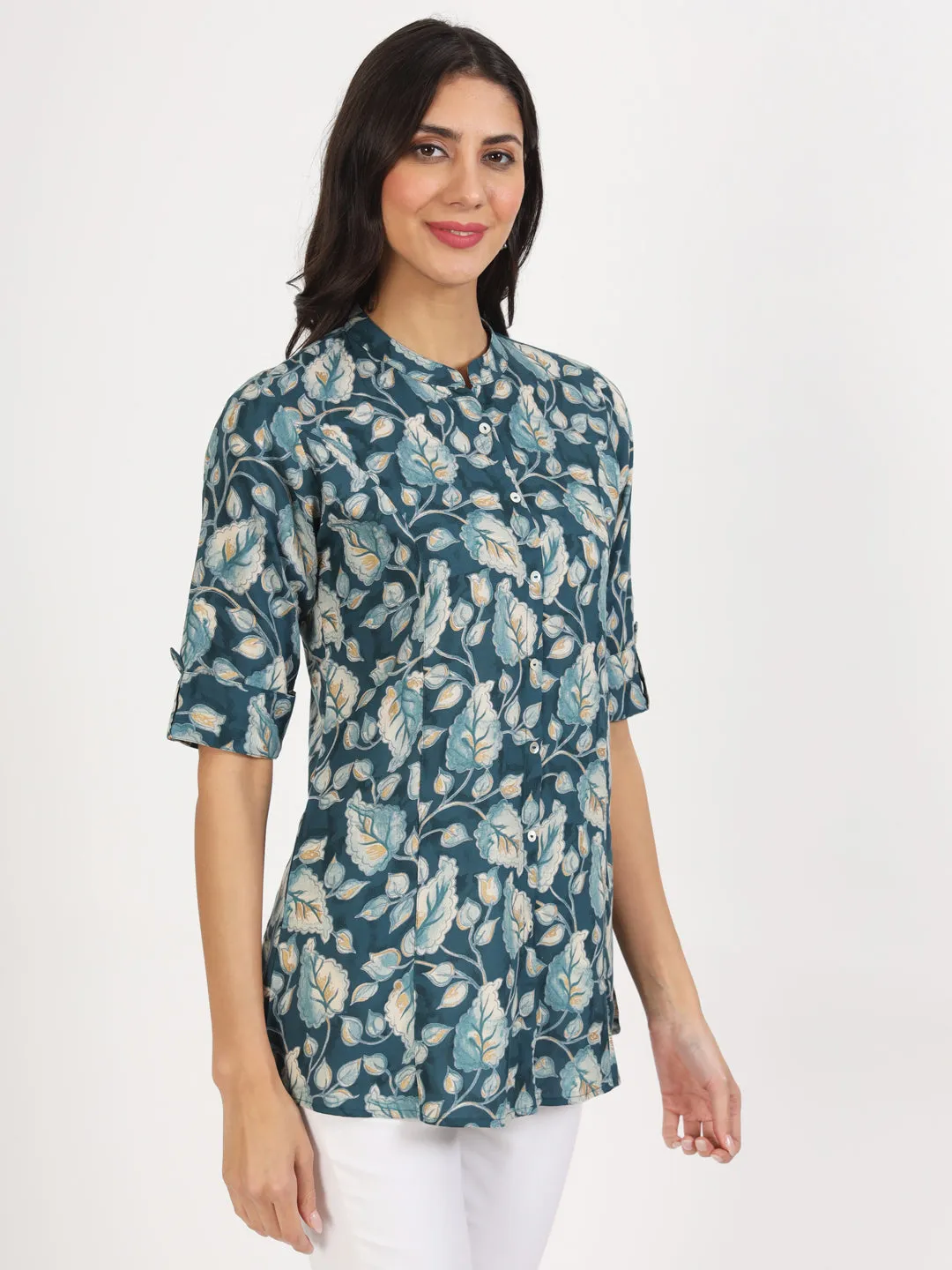 Jashvi Bottle Green Floral Printed Rayon Top