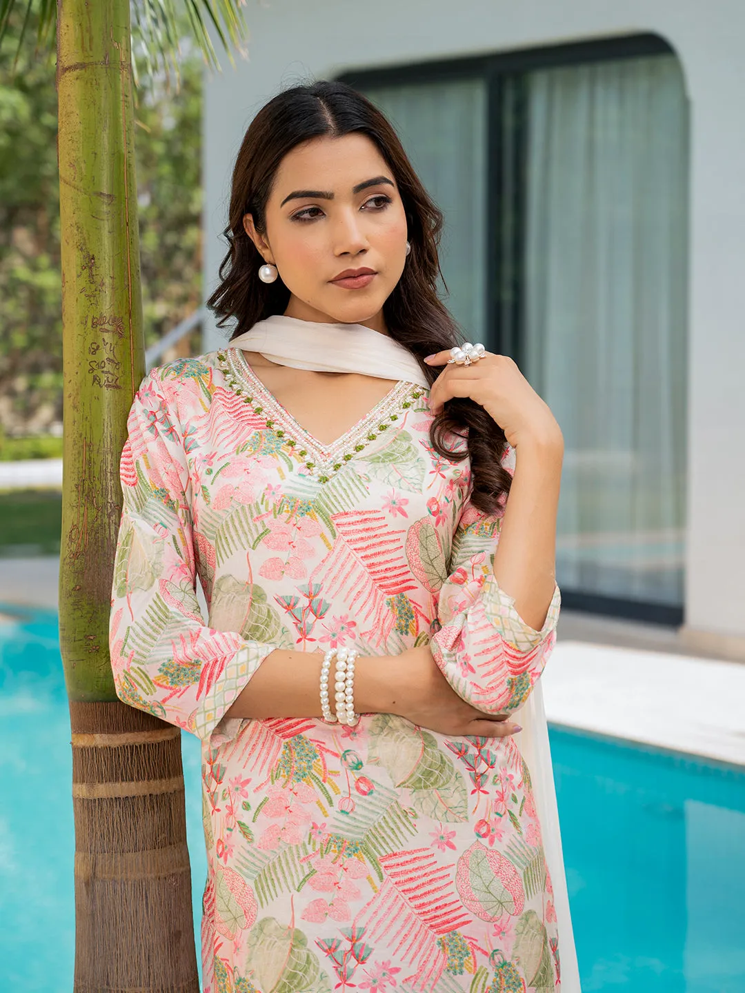 Jashvi Cream Embroidered & Floral Print Muslin Kurta Set