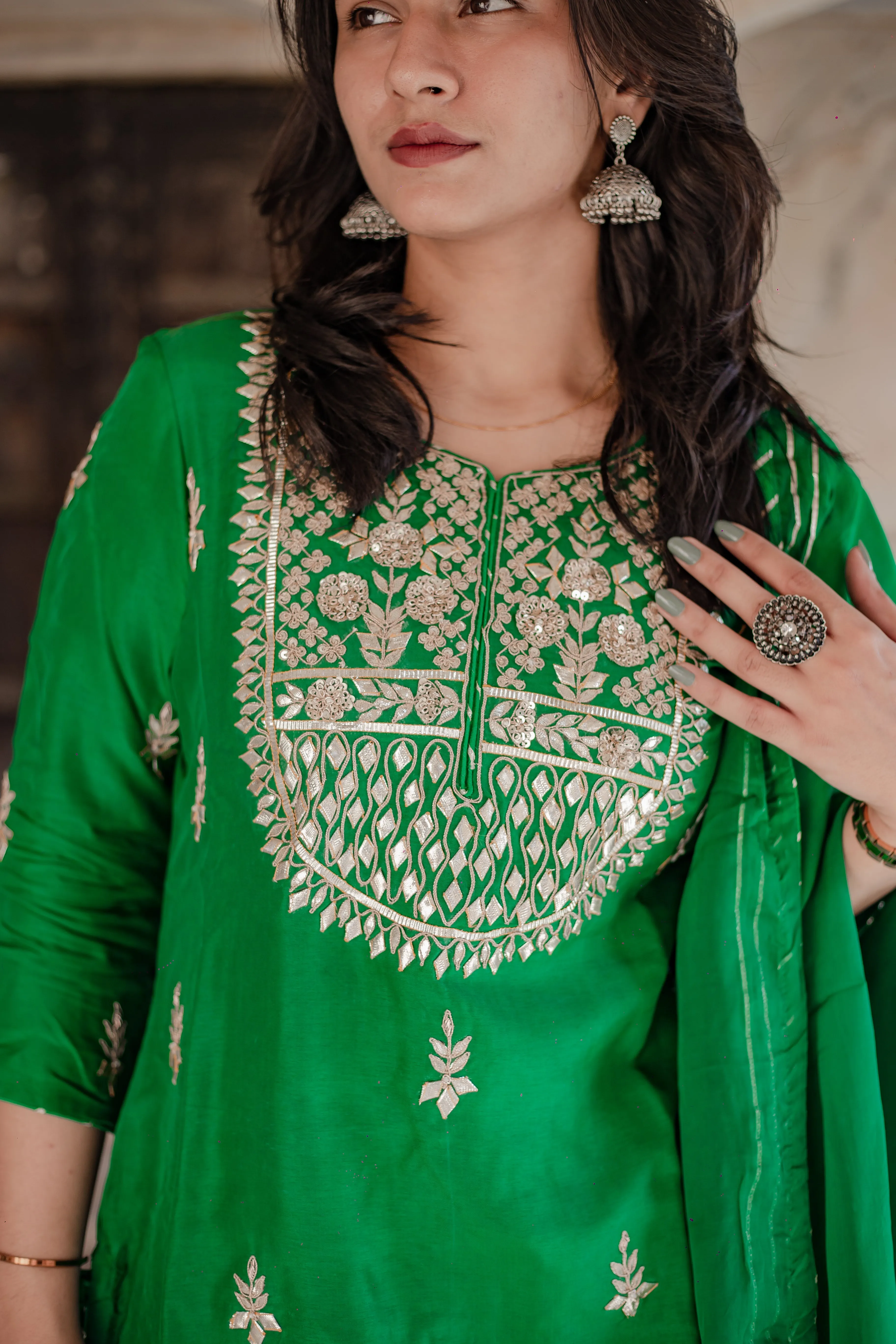 Jashvi Dark Green russian silk Hand embroidery Kurta Sharara with Organza dupatta