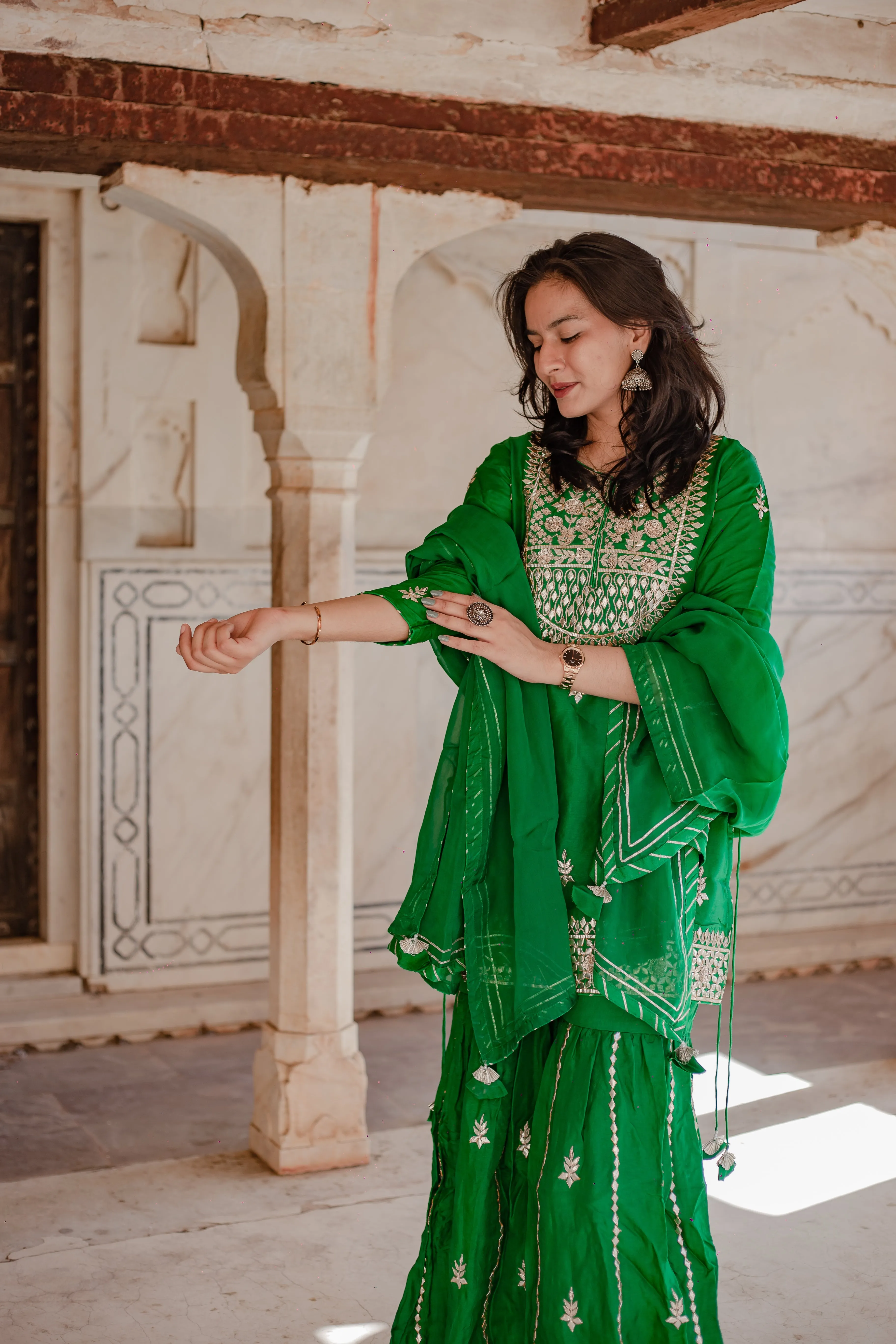 Jashvi Dark Green russian silk Hand embroidery Kurta Sharara with Organza dupatta