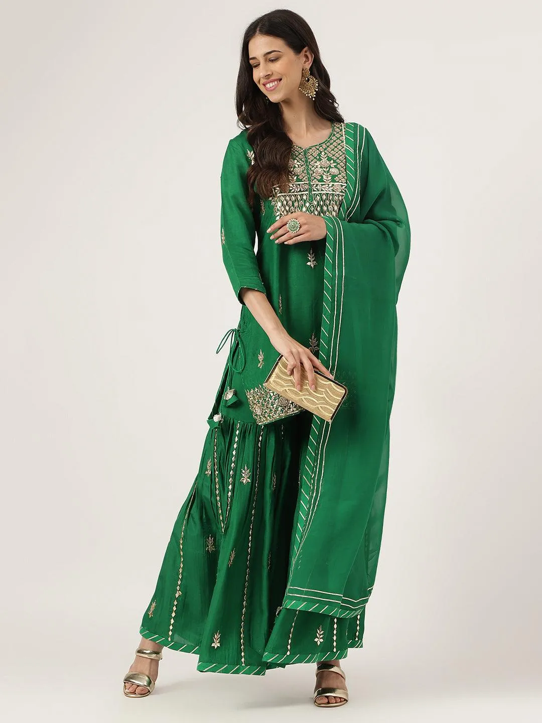 Jashvi Dark Green russian silk Hand embroidery Kurta Sharara with Organza dupatta