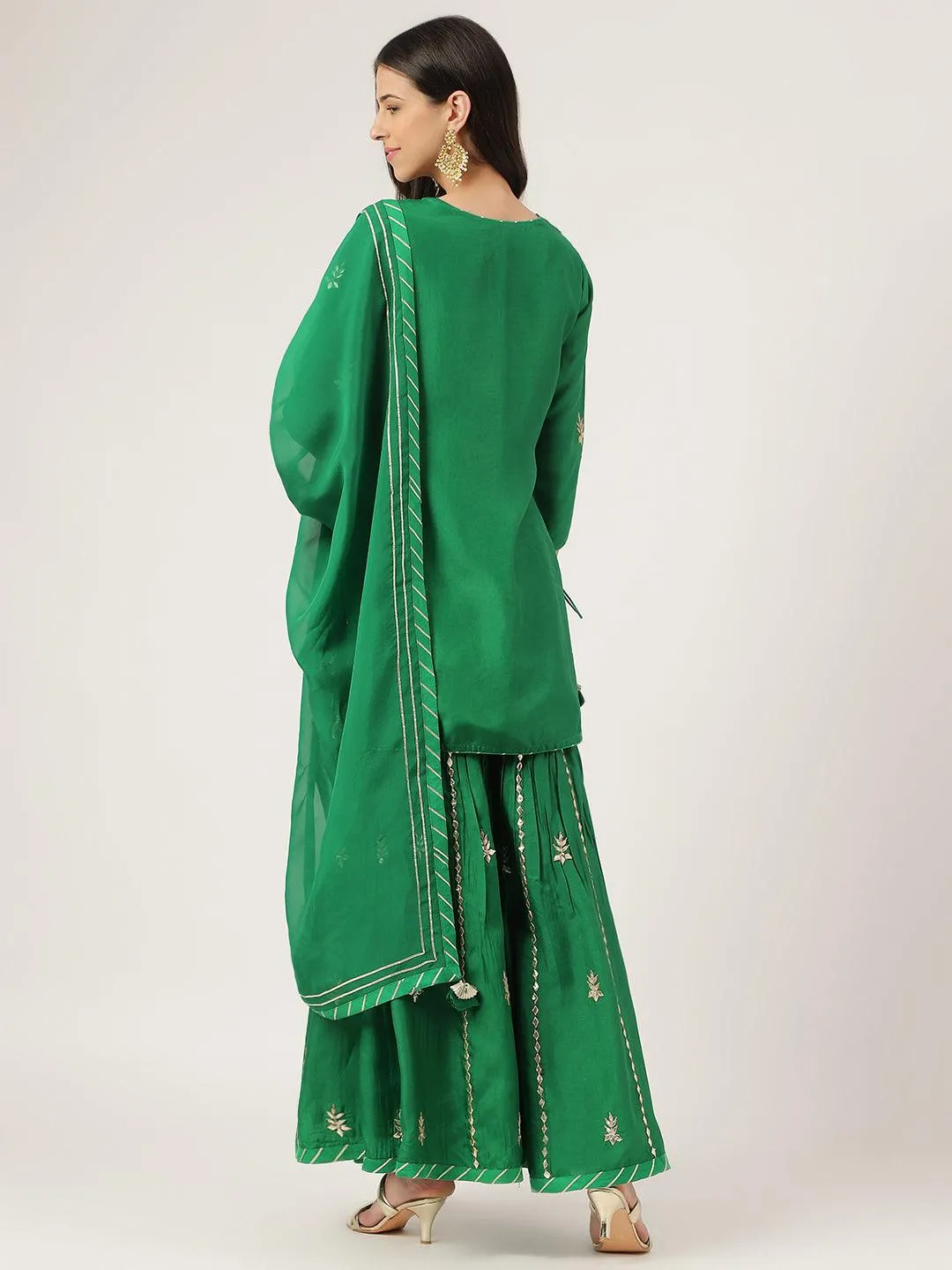 Jashvi Dark Green russian silk Hand embroidery Kurta Sharara with Organza dupatta