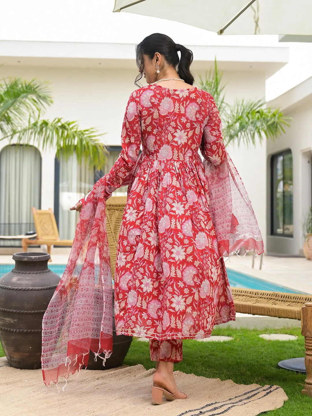 Jashvi Floral Printed Red Cotton Alia Cut Kurta Set for women