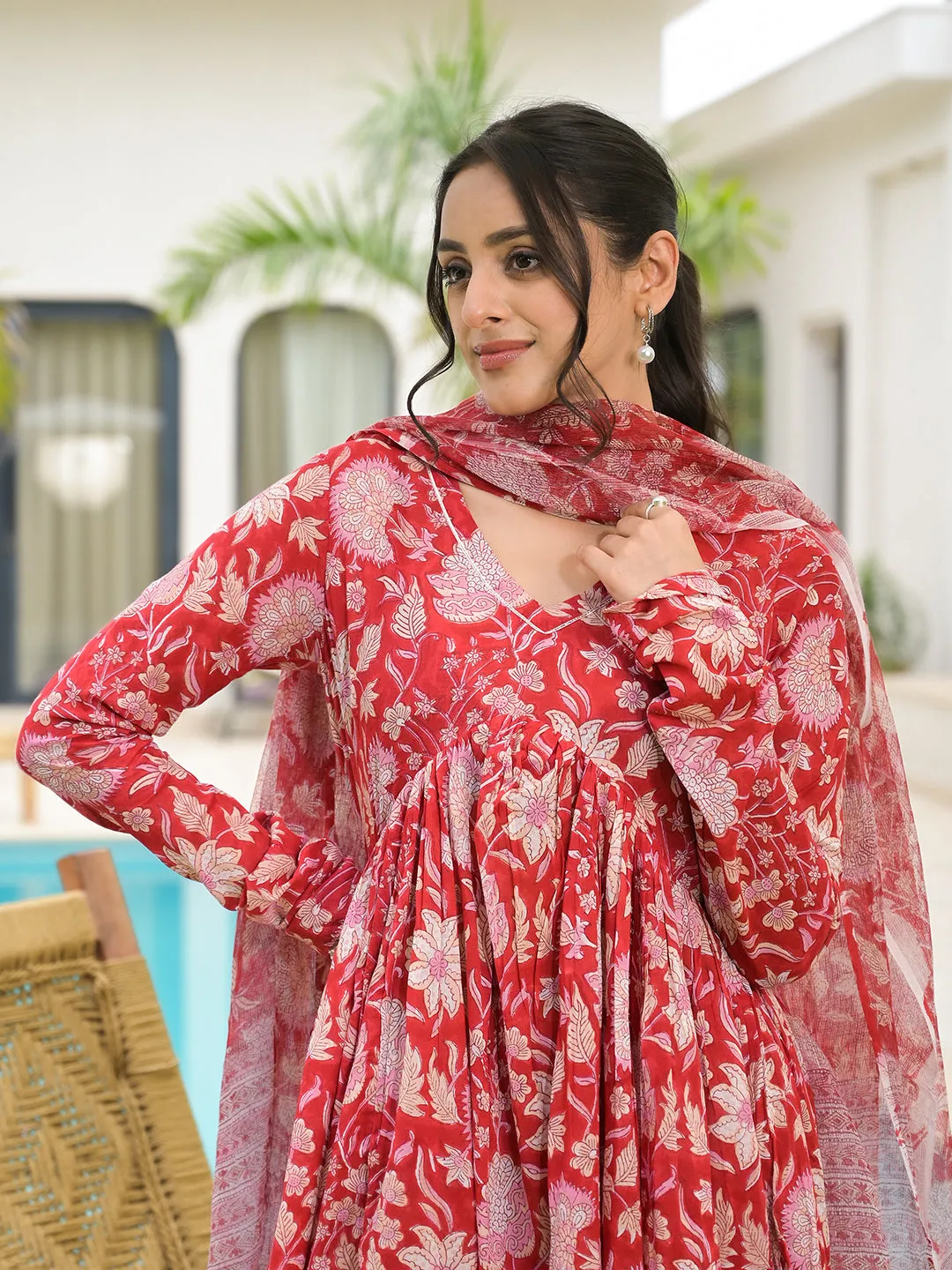 Jashvi Floral Printed Red Cotton Alia Cut Kurta Set for women