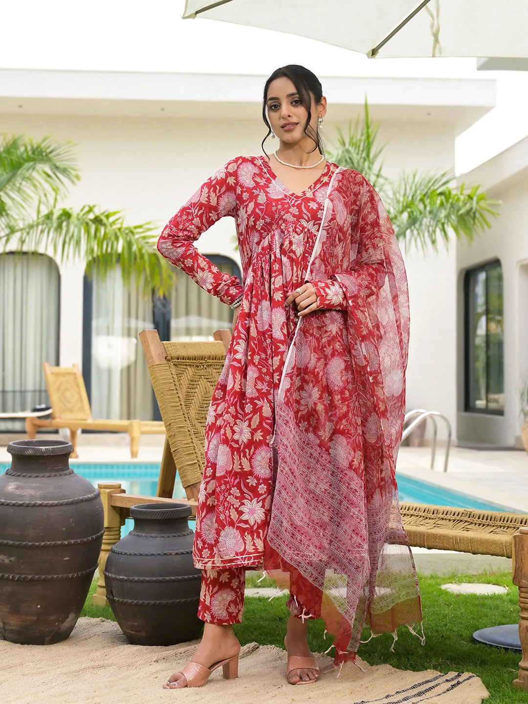 Jashvi Floral Printed Red Cotton Alia Cut Kurta Set for women