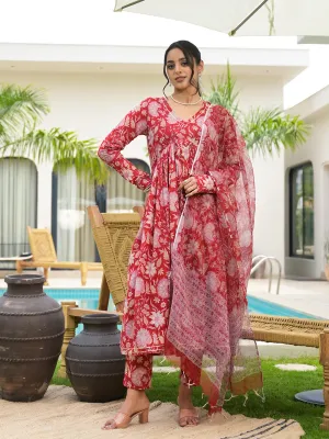 Jashvi Floral Printed Red Cotton Alia Cut Kurta Set for women