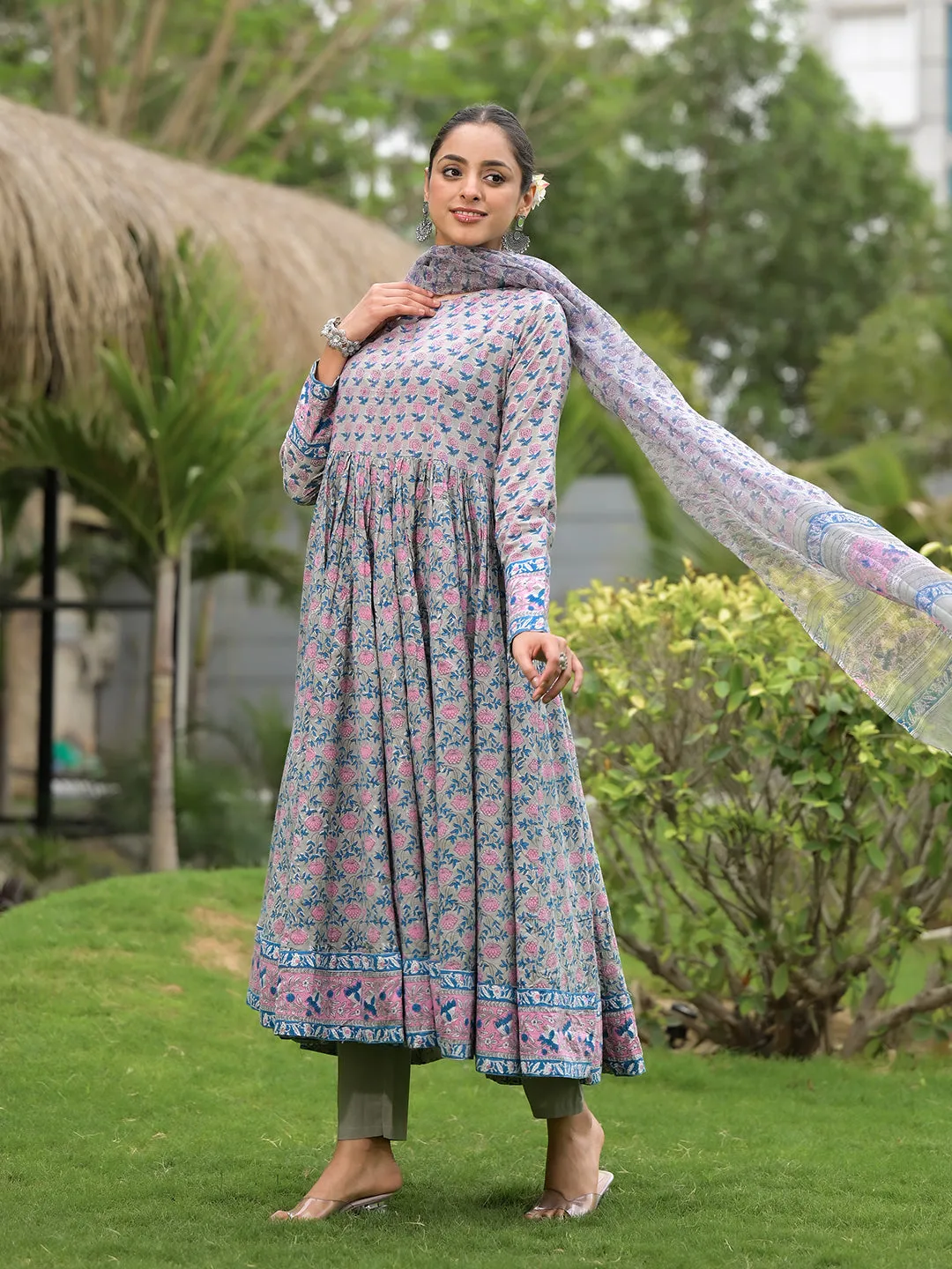 Jashvi Floral Printed Round Neck Pure Cotton Anarkali Kurta With Trousers & Dupatta