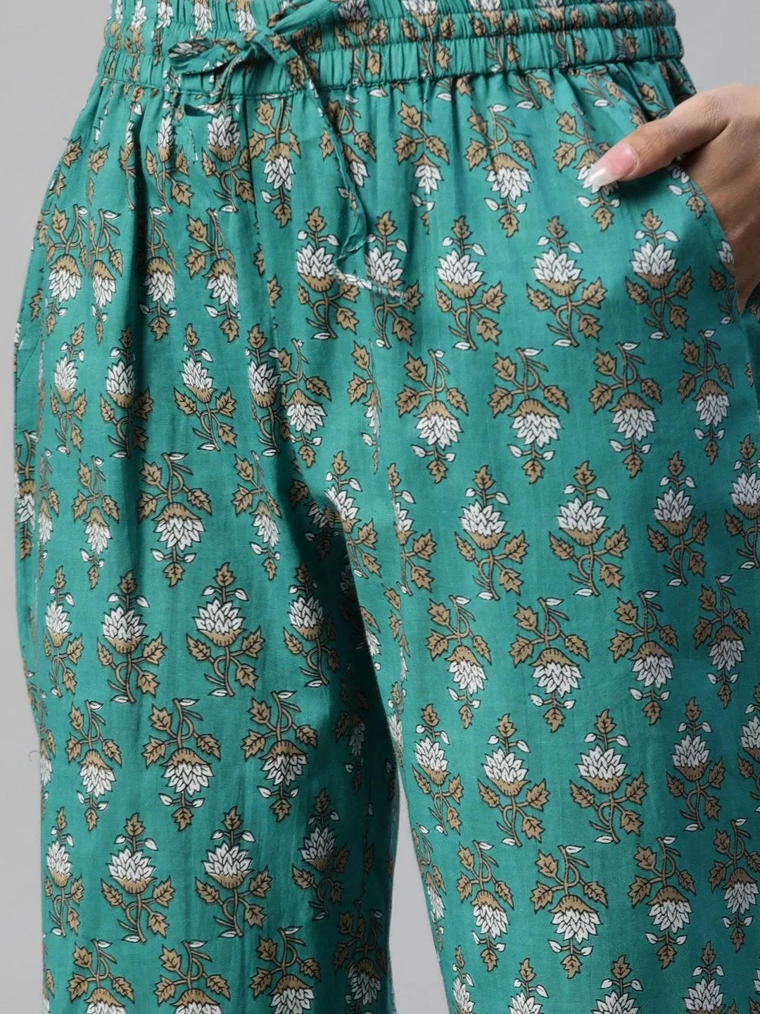 Jashvi Green Cotton Floral Printed Three Piece Indowestern Kurta Pant Set with Jacket