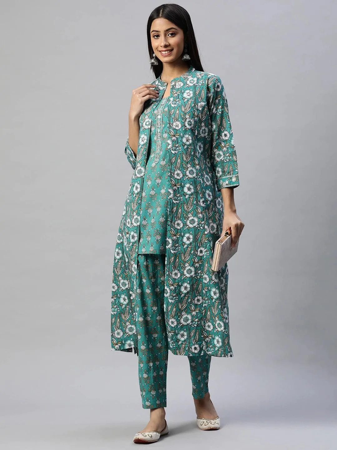 Jashvi Green Cotton Floral Printed Three Piece Indowestern Kurta Pant Set with Jacket