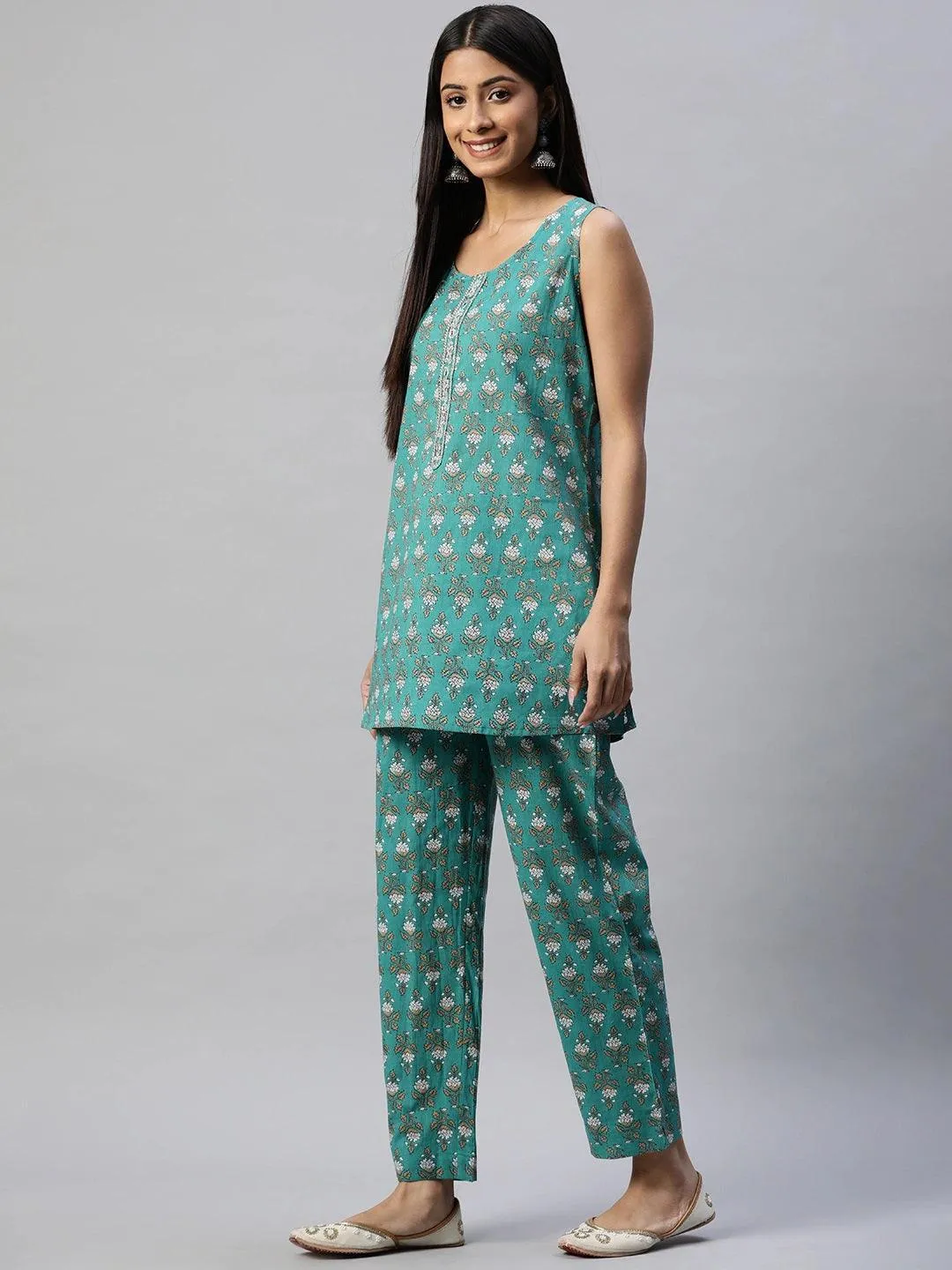 Jashvi Green Cotton Floral Printed Three Piece Indowestern Kurta Pant Set with Jacket