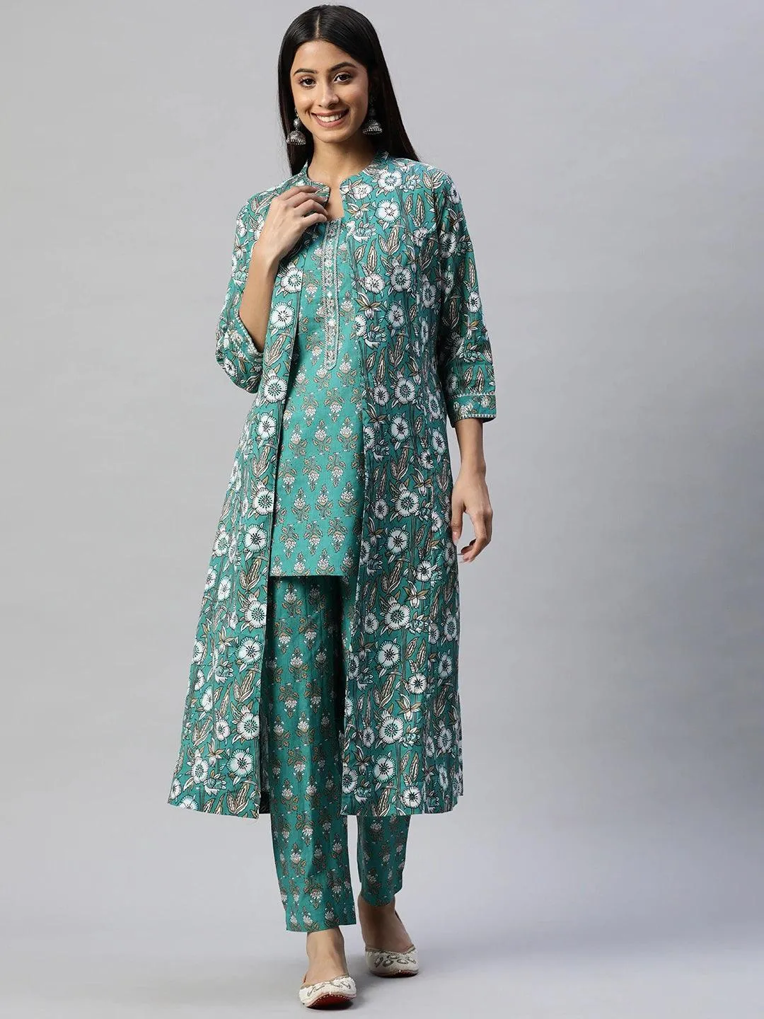 Jashvi Green Cotton Floral Printed Three Piece Indowestern Kurta Pant Set with Jacket