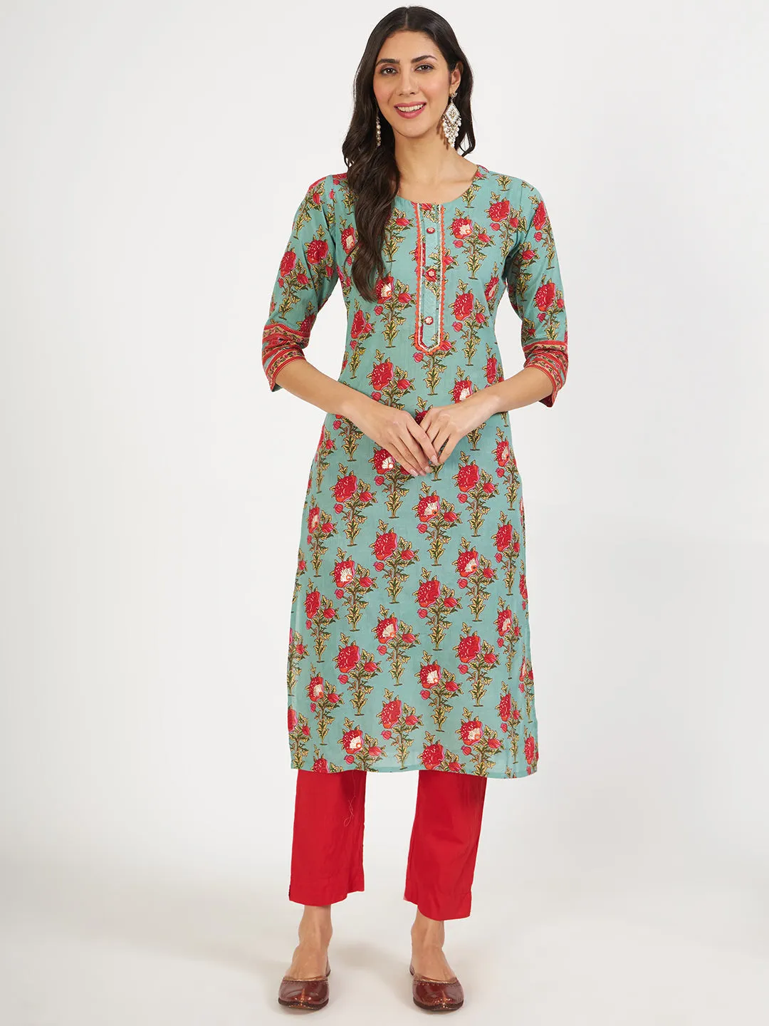 Jashvi Green Floral Print Cotton Kurta pant with Dupatta set