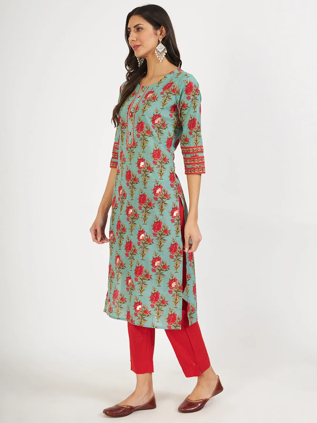 Jashvi Green Floral Print Cotton Kurta pant with Dupatta set