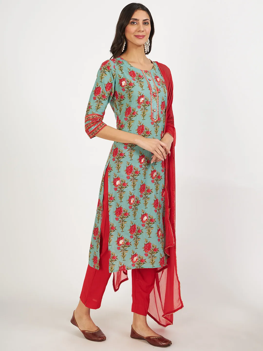 Jashvi Green Floral Print Cotton Kurta pant with Dupatta set