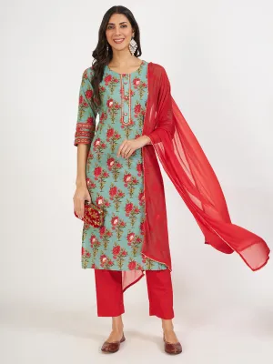 Jashvi Green Floral Print Cotton Kurta pant with Dupatta set