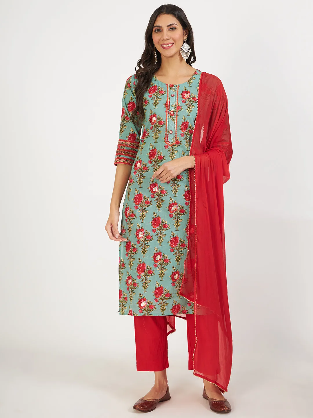 Jashvi Green Floral Print Cotton Kurta pant with Dupatta set