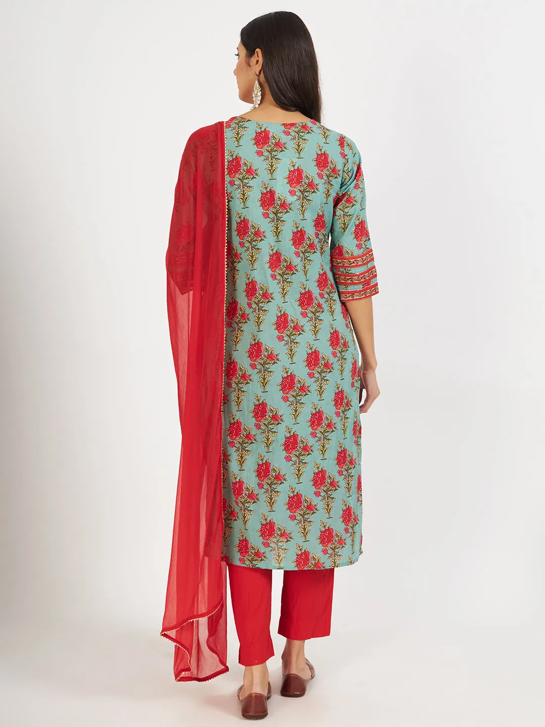 Jashvi Green Floral Print Cotton Kurta pant with Dupatta set