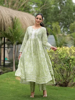 Jashvi Green Floral Print Cotton Nyra Cut Kurta Pant Set