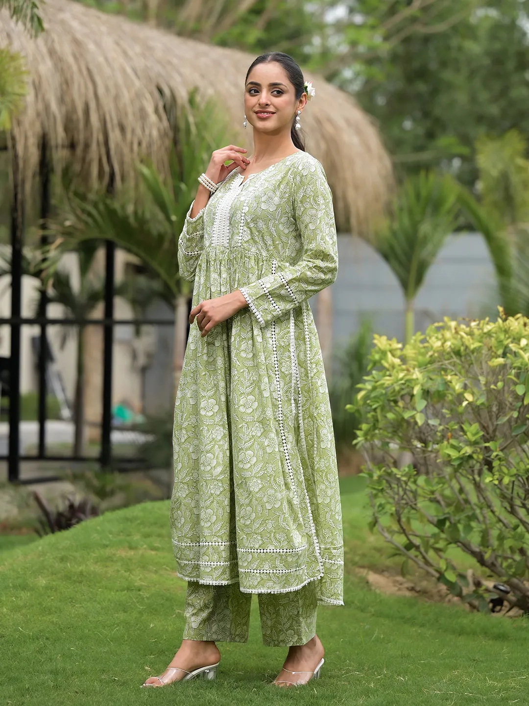 Jashvi Green Floral Print Cotton Nyra Cut Kurta Pant Set