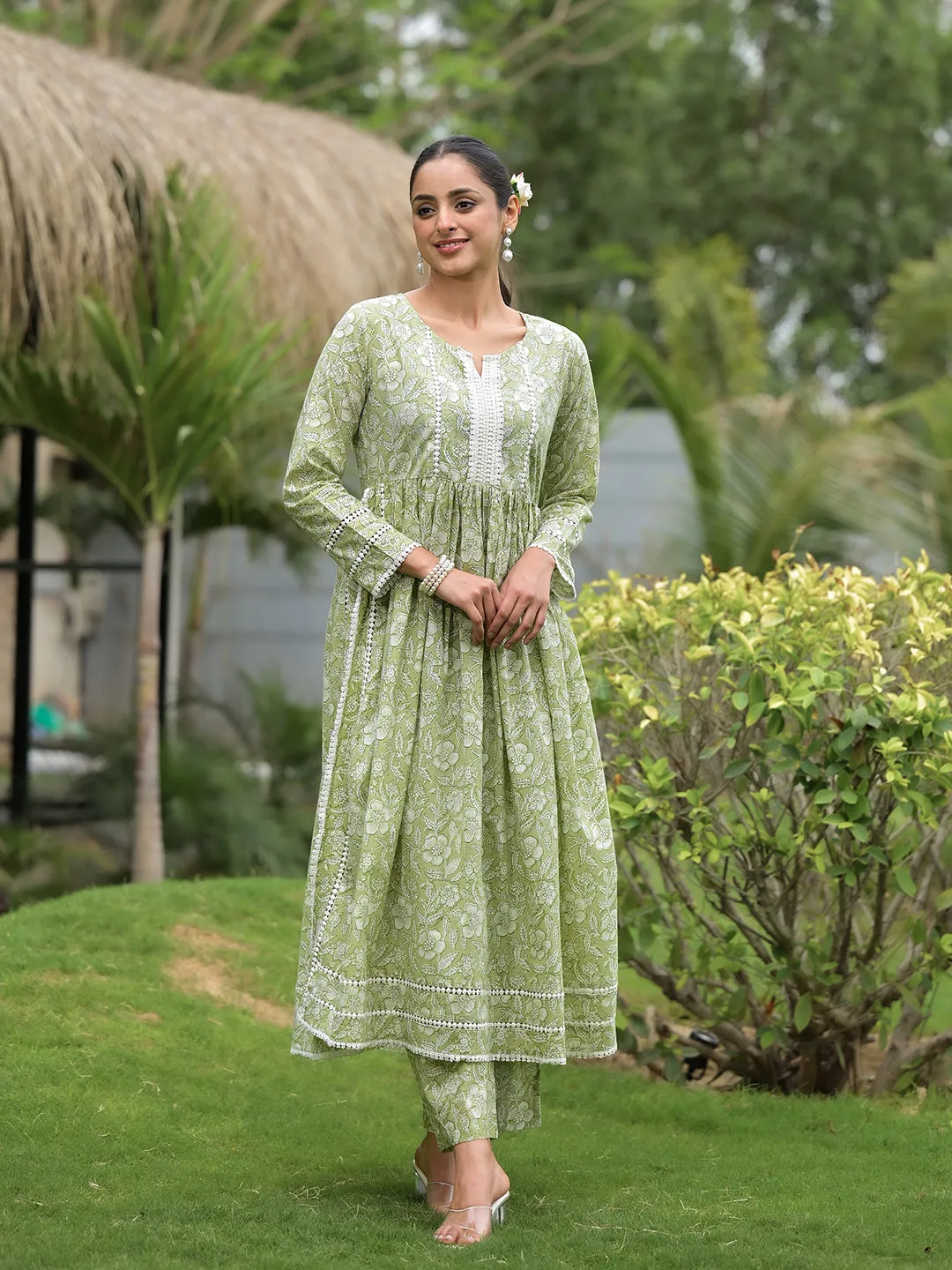 Jashvi Green Floral Print Cotton Nyra Cut Kurta Pant Set