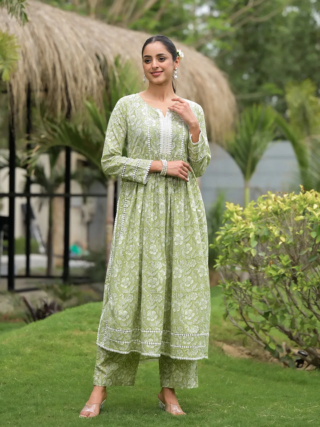 Jashvi Green Floral Print Cotton Nyra Cut Kurta Pant Set