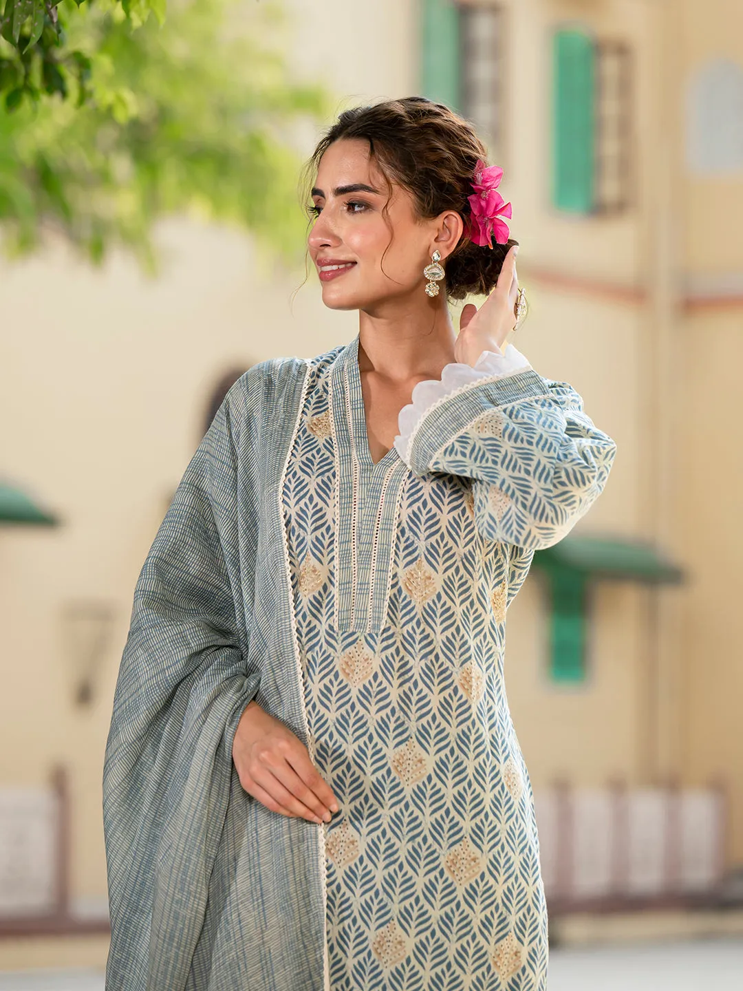 Jashvi Grey Floral Print Pure Cotton Straight Kurta & Trouser with Dupatta