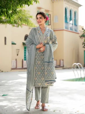 Jashvi Grey Floral Print Pure Cotton Straight Kurta & Trouser with Dupatta