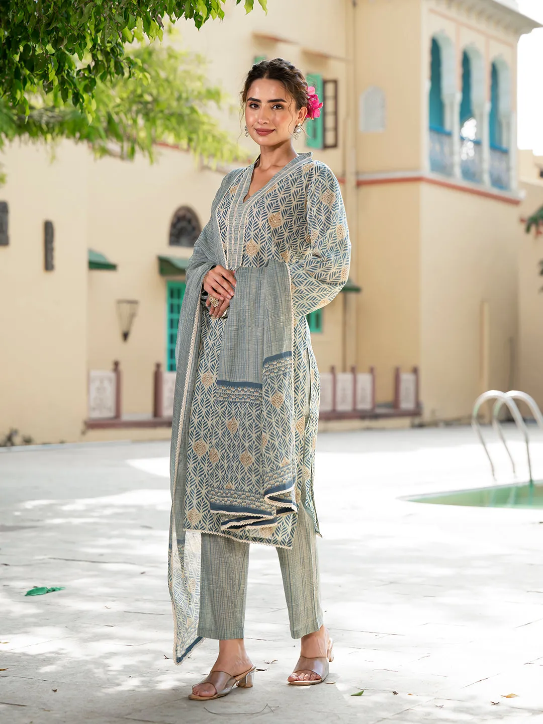 Jashvi Grey Floral Print Pure Cotton Straight Kurta & Trouser with Dupatta