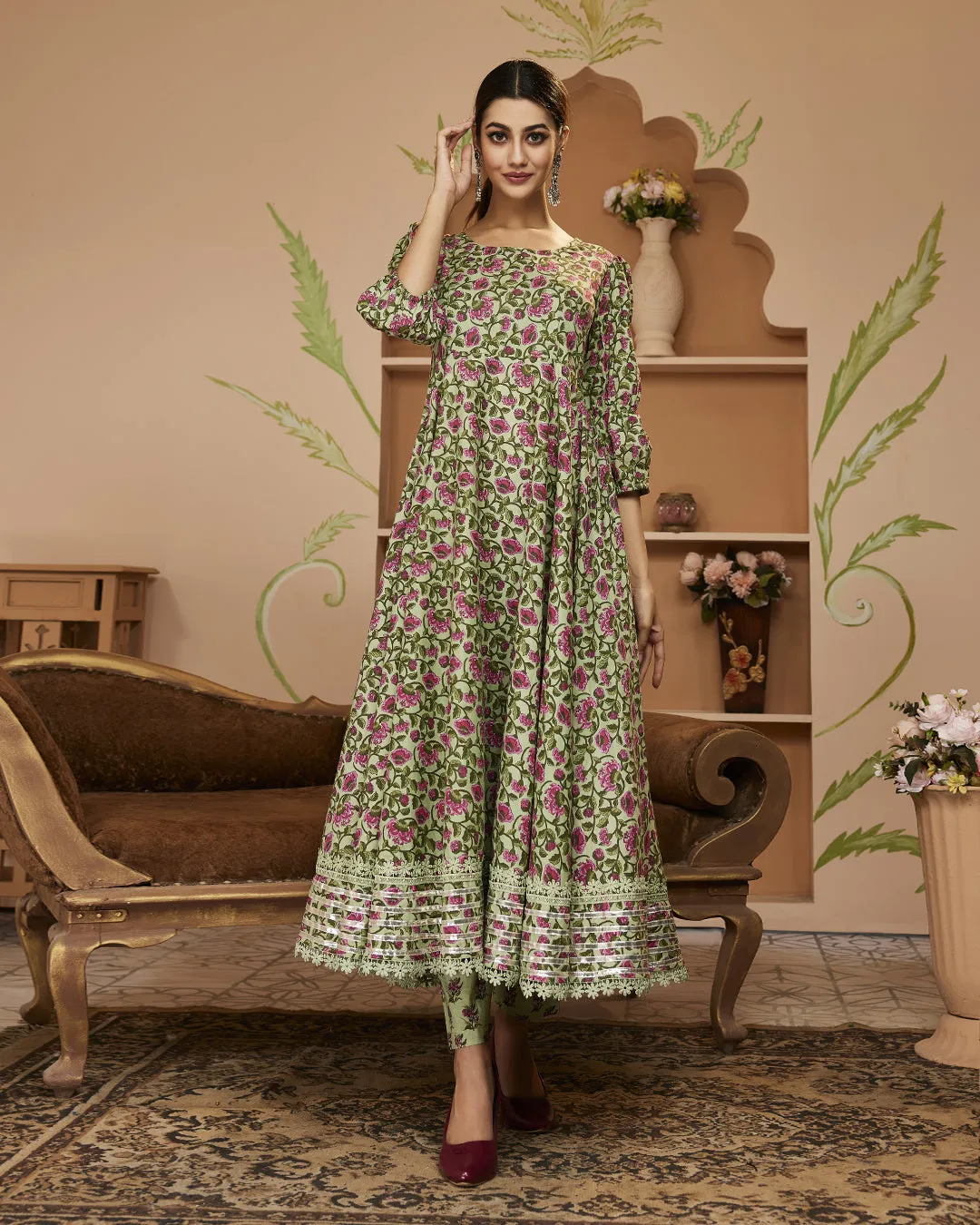 Jashvi HandBlock Floral Printed Green Anarkali Cotton Kurta With Trousers