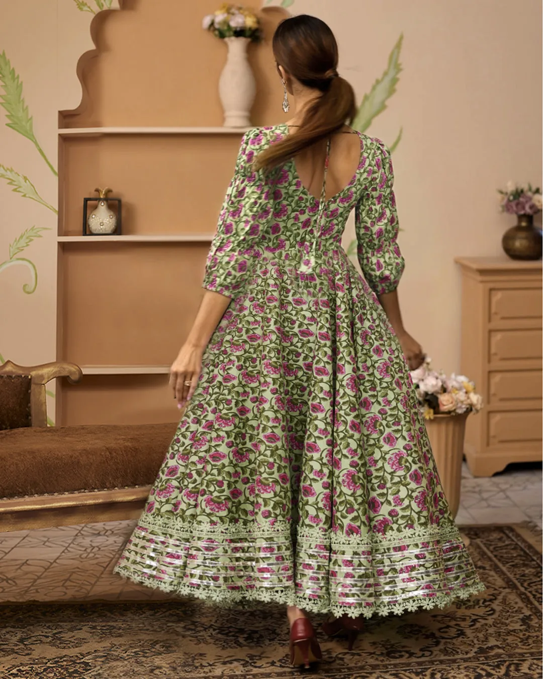 Jashvi HandBlock Floral Printed Green Anarkali Cotton Kurta With Trousers