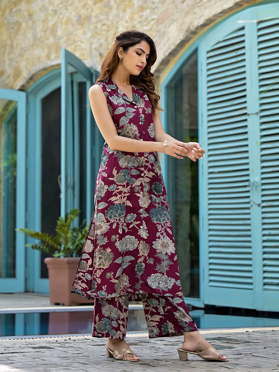 Jashvi Magenta Floral Printed  A-Line Rayon Kurta Set