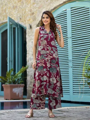 Jashvi Magenta Floral Printed  A-Line Rayon Kurta Set