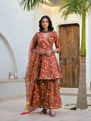 Jashvi Maroon Floral Print Cotton Angarkha Kurta Gharara Set for women