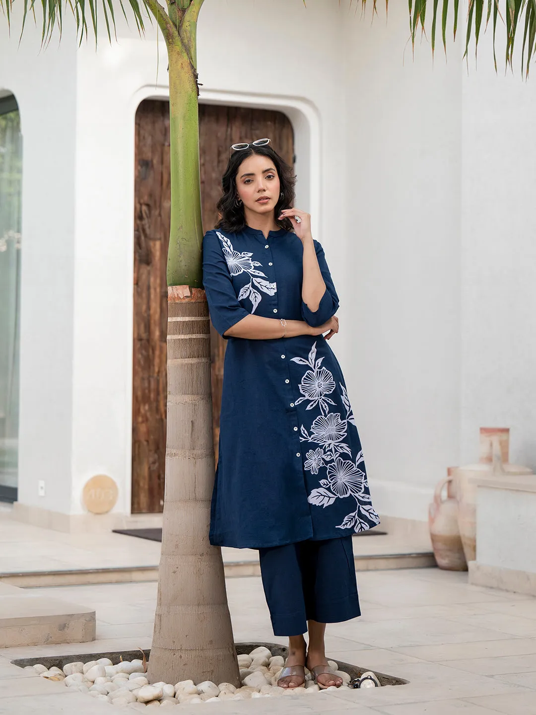 Jashvi Navy Blue Floral Printed Cotton A-line Fit Kurta Pant Set