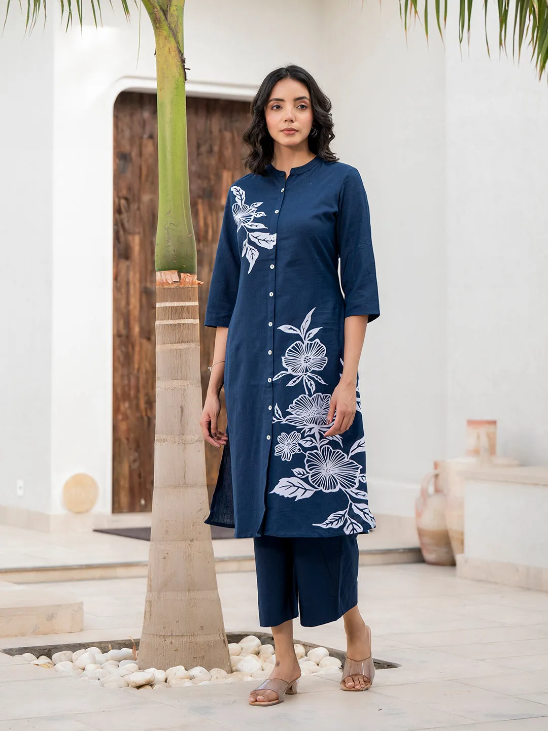 Jashvi Navy Blue Floral Printed Cotton A-line Fit Kurta Pant Set