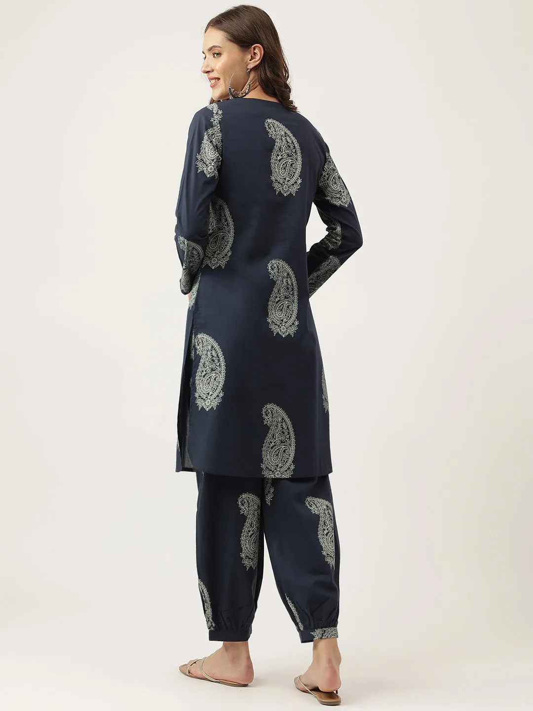 Jashvi Navy Cotton Paisley Print Kurta Hem Cuffed Pant set