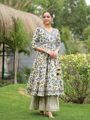 Jashvi offWhite Floral Print Cotton Kurta Sharara set for women