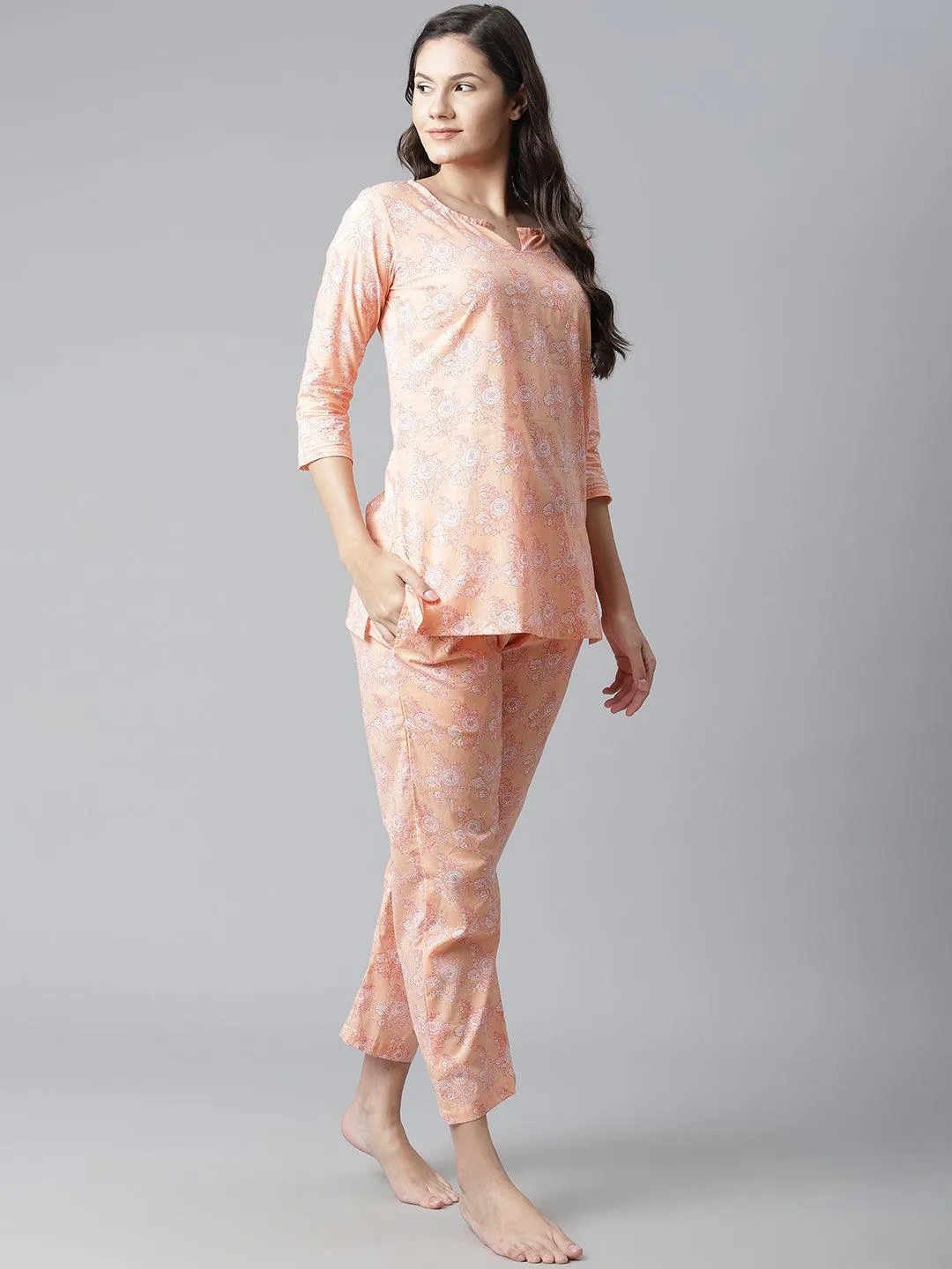 Jashvi  Peach Printed Cotton Nightwear