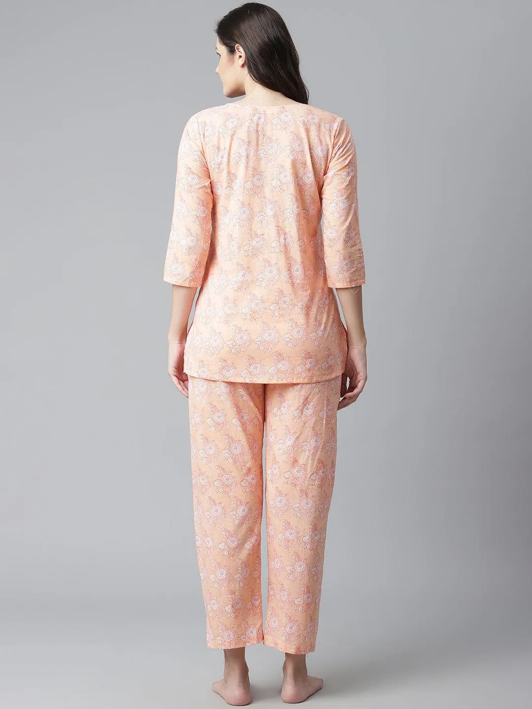 Jashvi  Peach Printed Cotton Nightwear