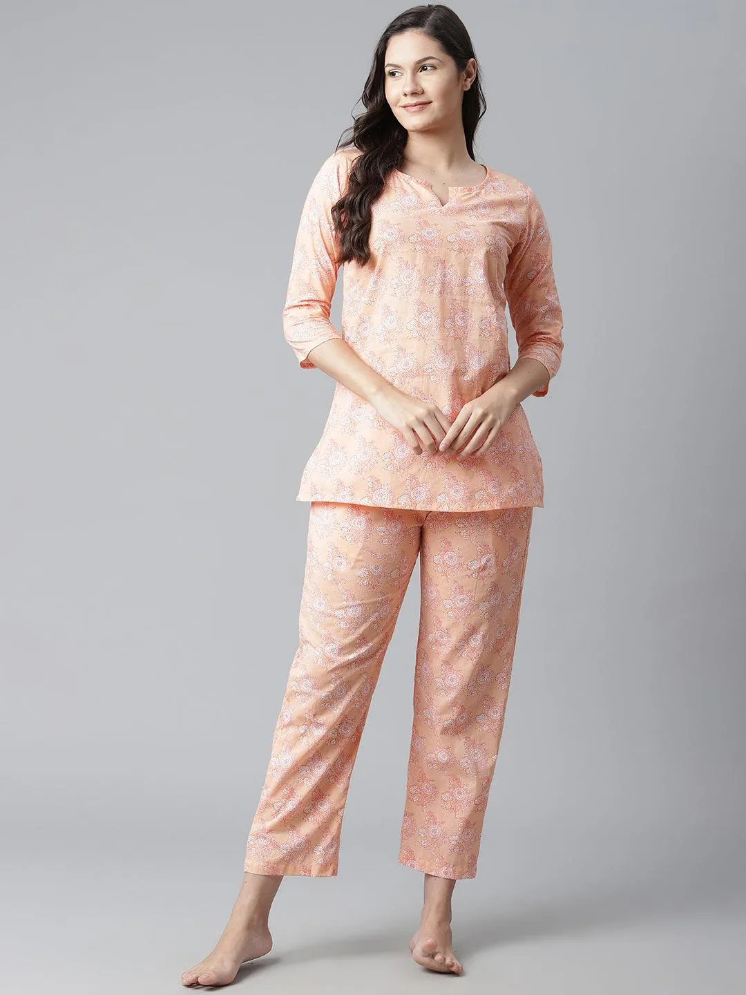 Jashvi  Peach Printed Cotton Nightwear