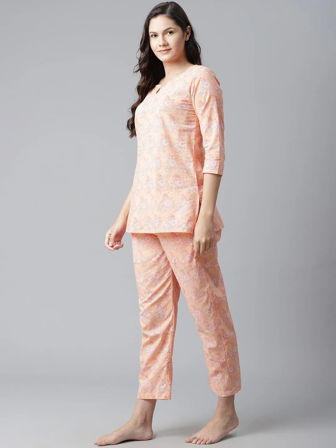 Jashvi  Peach Printed Cotton Nightwear