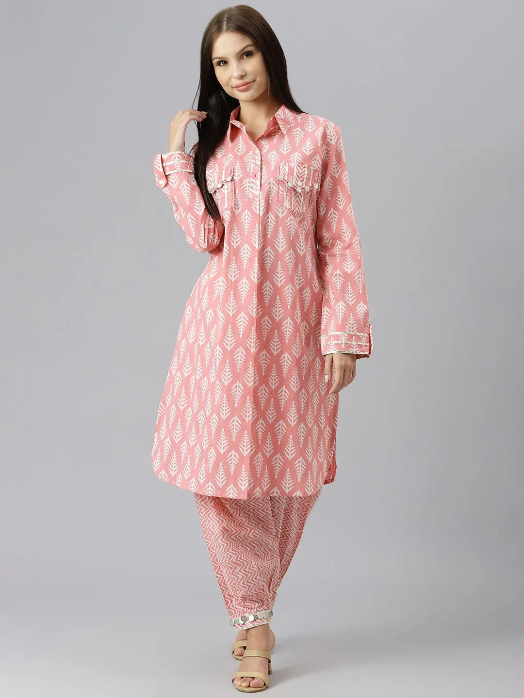 Jashvi Pink Cotton Shirt Style Kurta Hem Cuffed Pant Co-ord Set