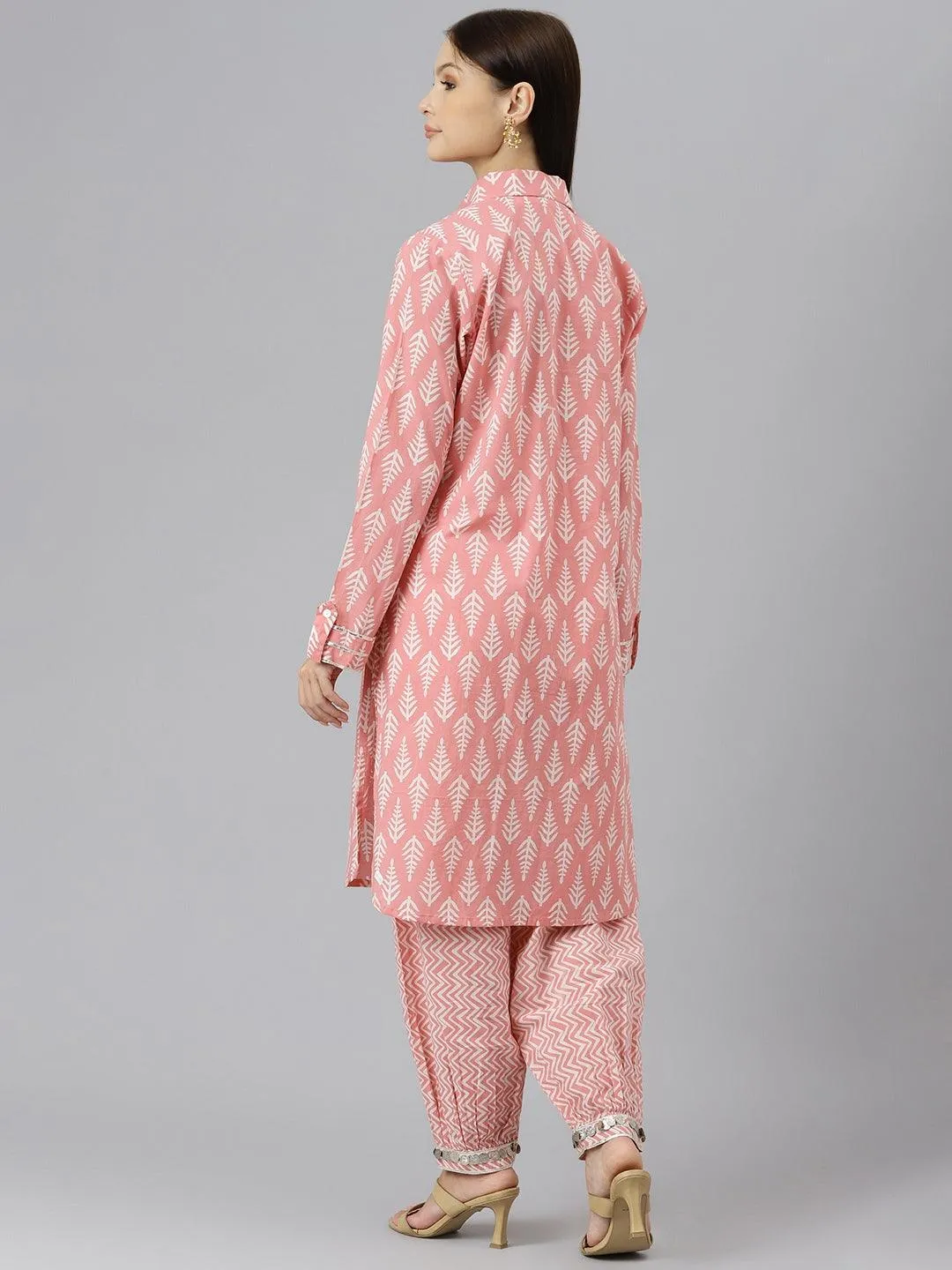 Jashvi Pink Cotton Shirt Style Kurta Hem Cuffed Pant Co-ord Set