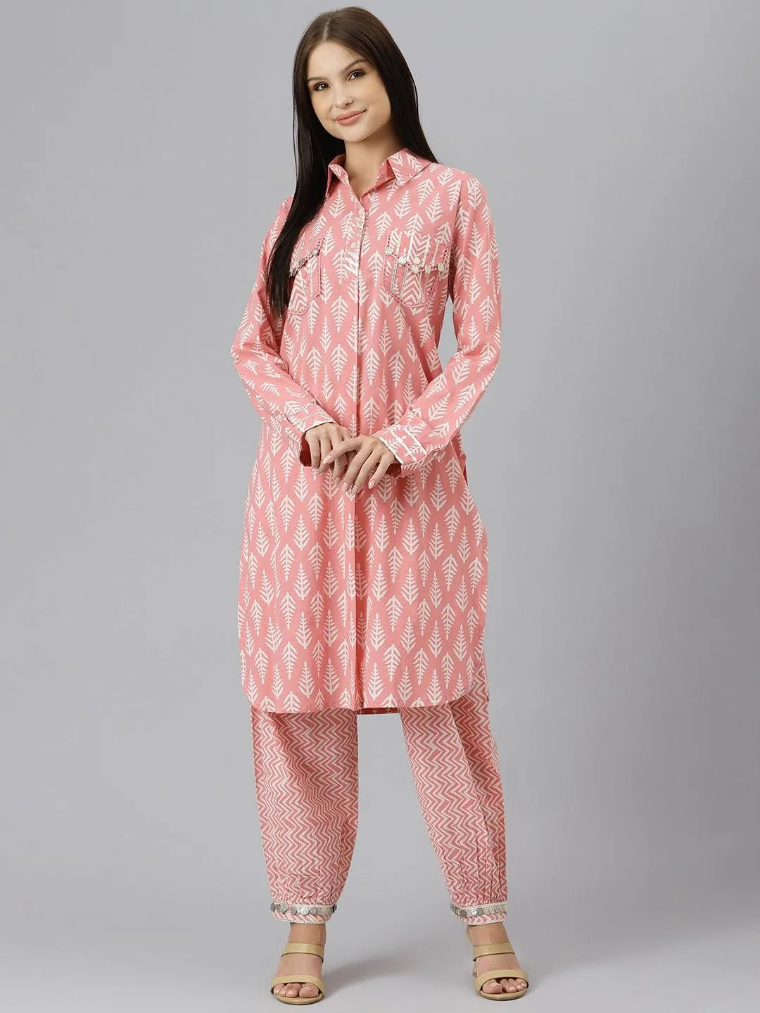 Jashvi Pink Cotton Shirt Style Kurta Hem Cuffed Pant Co-ord Set