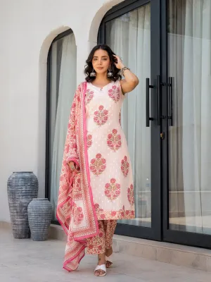 Jashvi Pink Floral Printed Cotton Straight Fit Kurta Pant Set