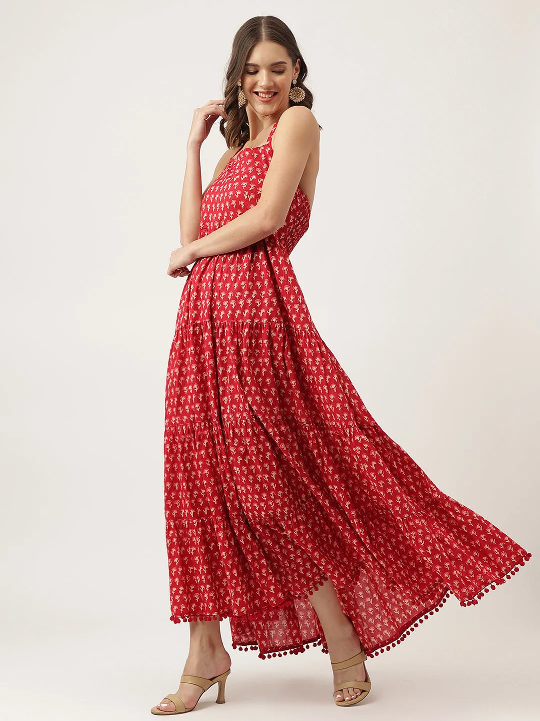 Jashvi Red Floral Printed Cotton Halter Neck Ethnic Tiered Dress