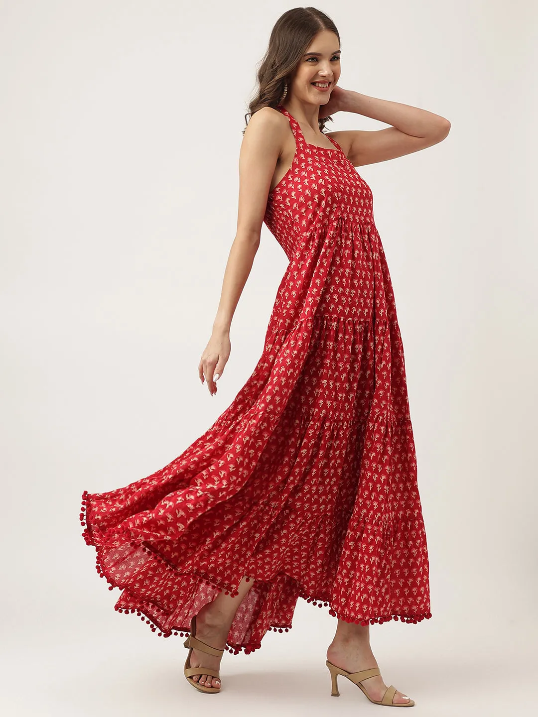 Jashvi Red Floral Printed Cotton Halter Neck Ethnic Tiered Dress