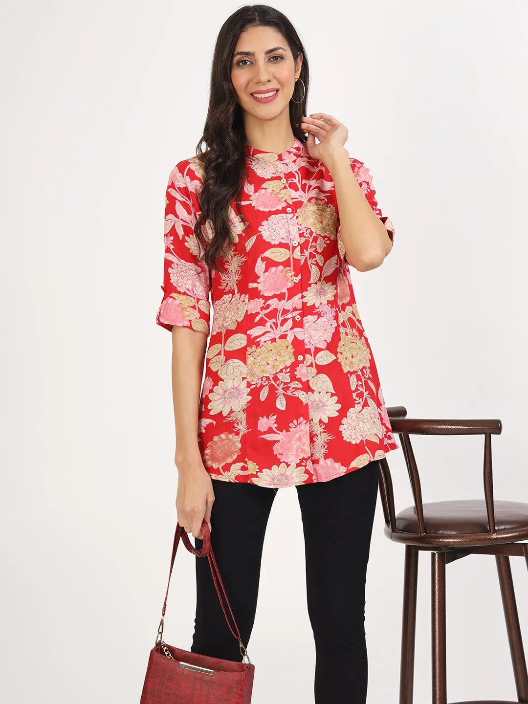 Jashvi Red Floral Printed Rayon Top