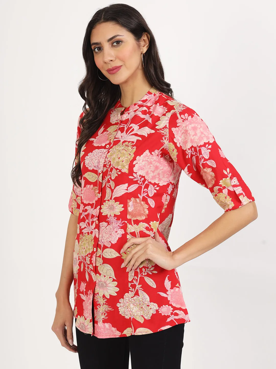 Jashvi Red Floral Printed Rayon Top